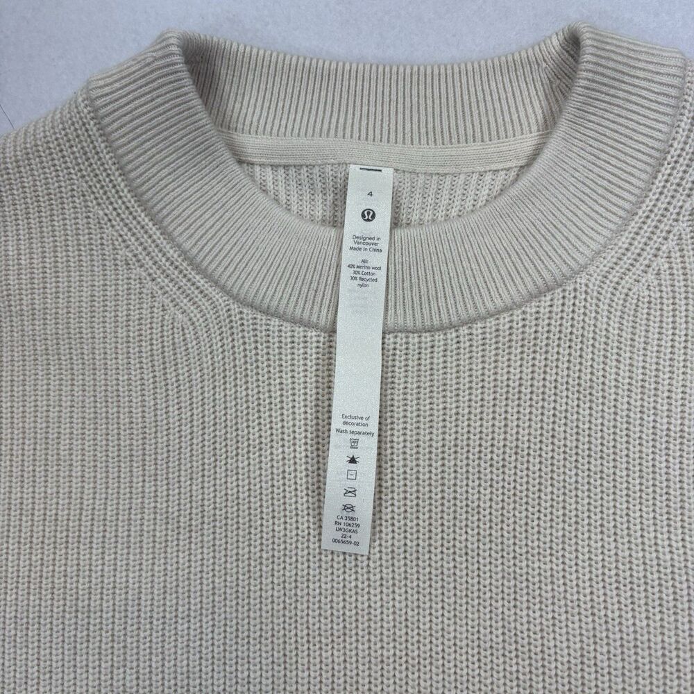 Lululemon NWT Merino Wool Blend Rib Crewneck Sweater Side Split Cream Size 4 - Picture 9 of 14